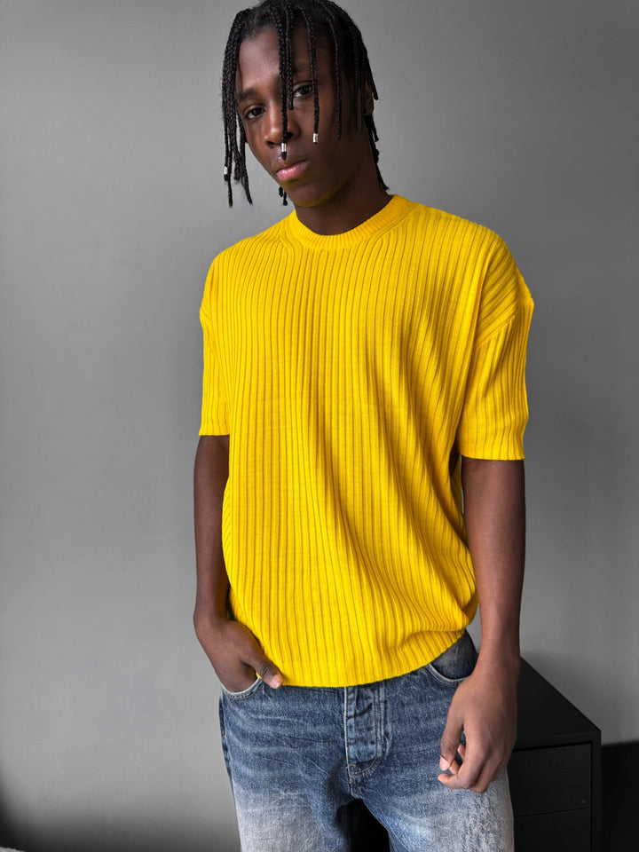 Lös Passform Ribbad Stickad T-Shirt - Gul