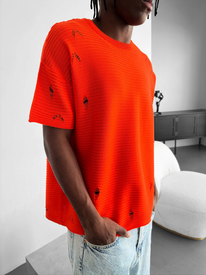 Lös Passform Torn Ribbad T-Shirt - Orange