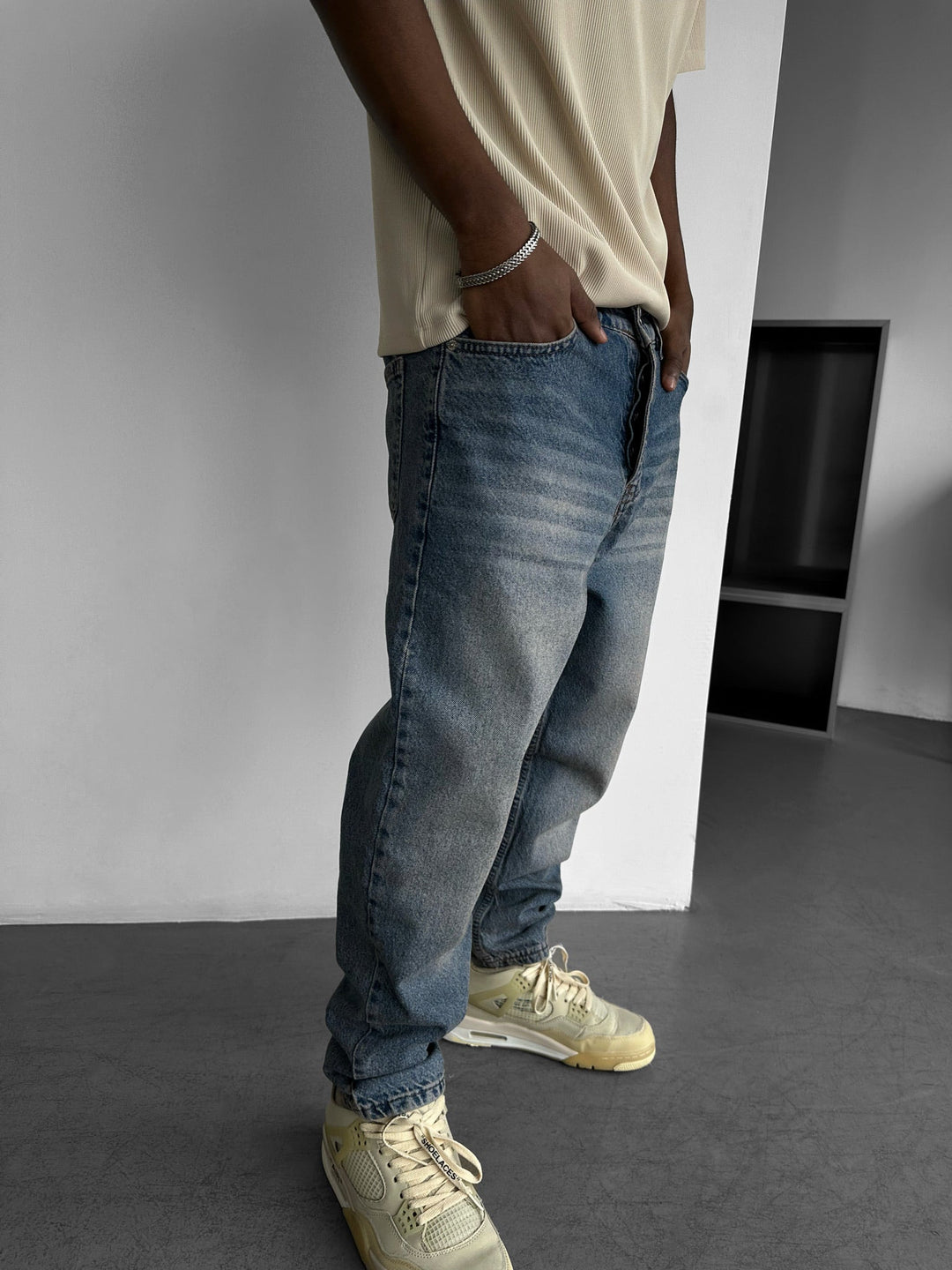 Baggy Fit Tvättade Jeans - Mörkblå