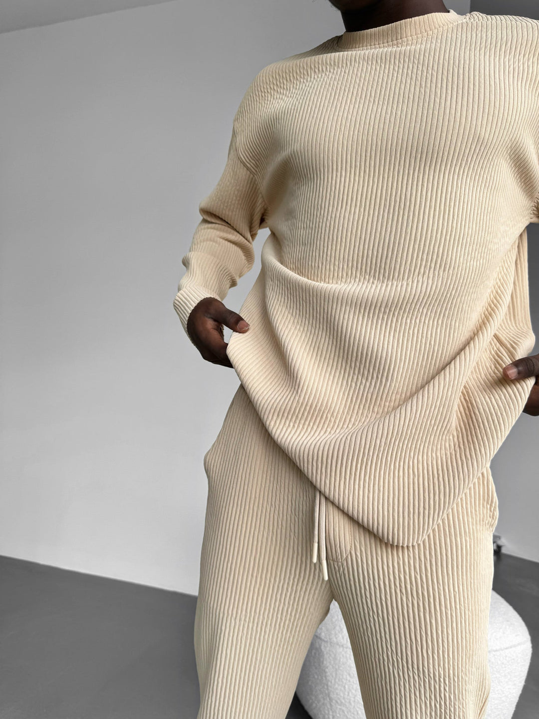 Oversize Ribbad Långärmad T-shirt - Mandel Buff