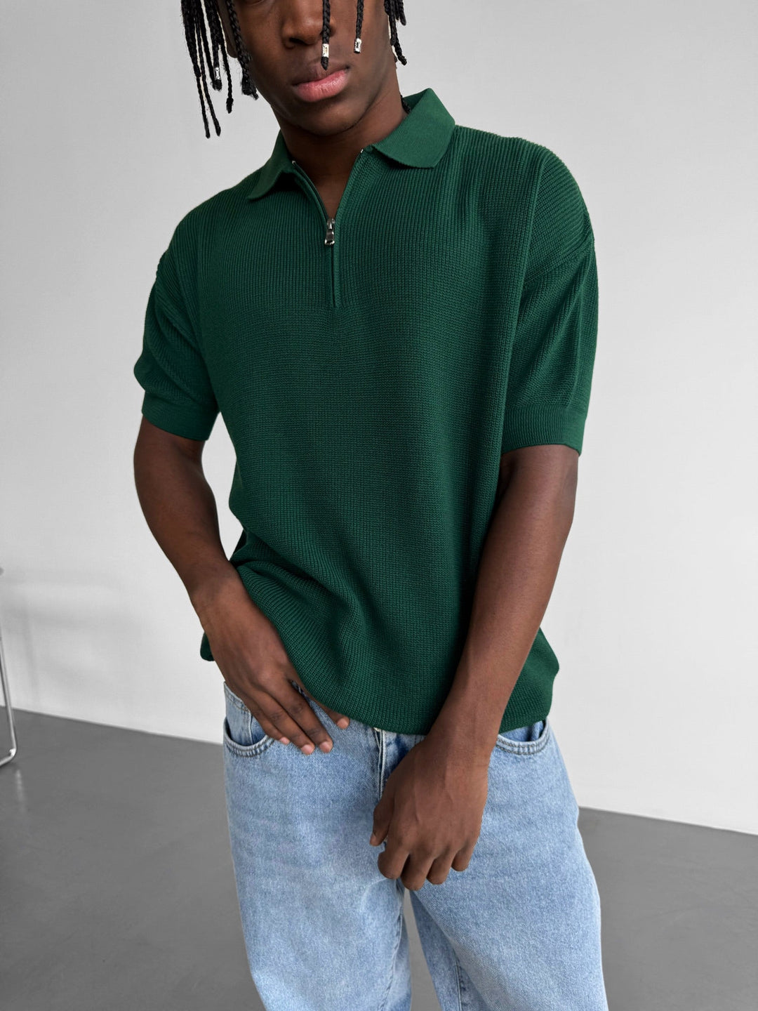 Överdimensionerad Dragkedja Stickad Polo T-shirt - Smaragd