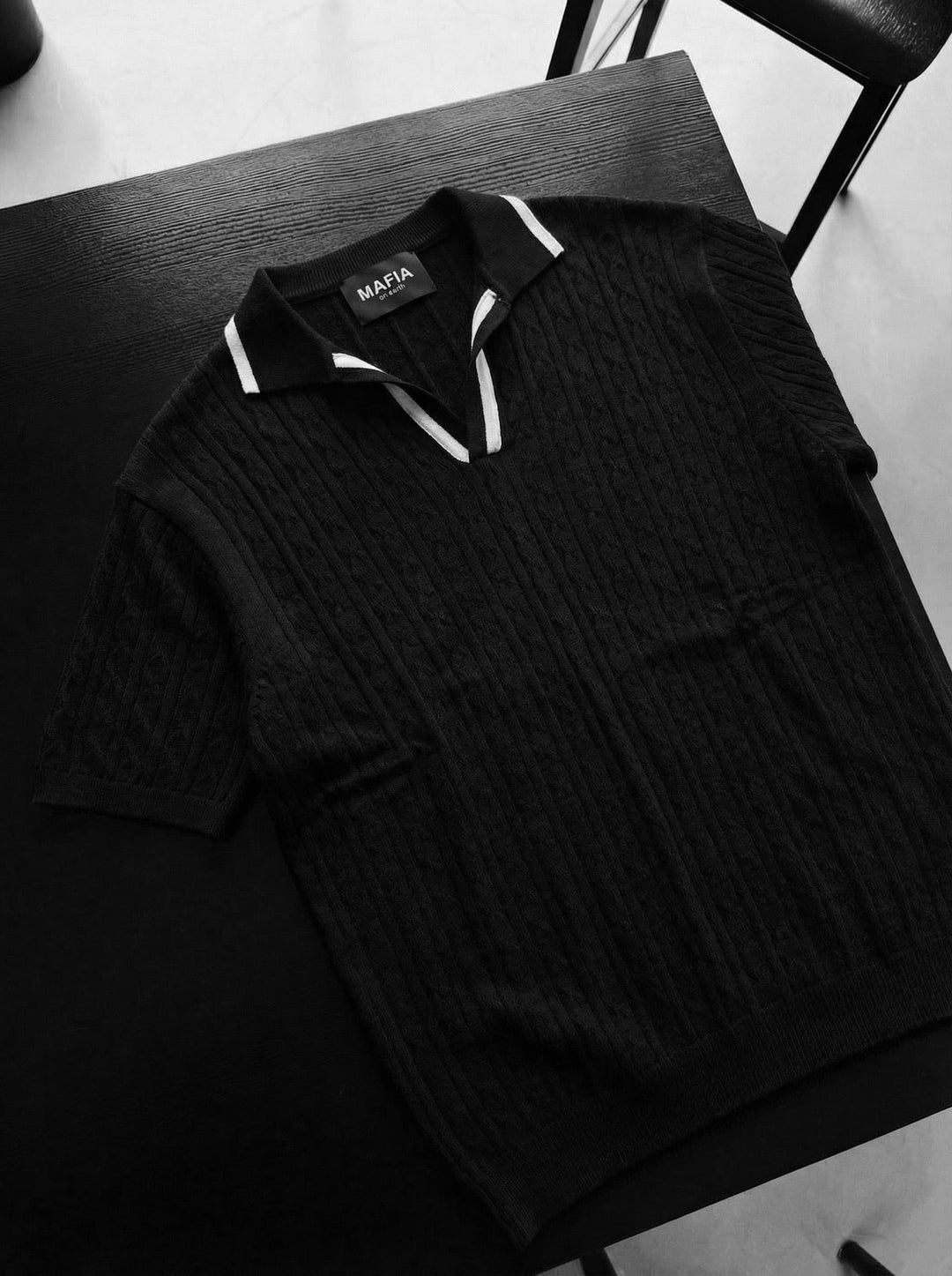 Oversize Strukturerad Polo T-Shirt - Svart