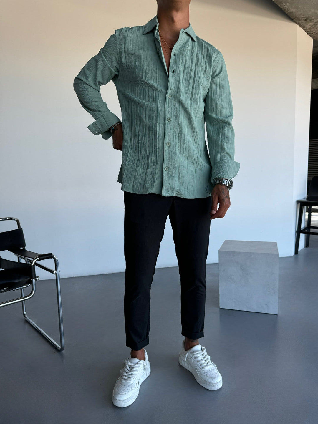 Regular Fit Plisserad Skjorta - Grön