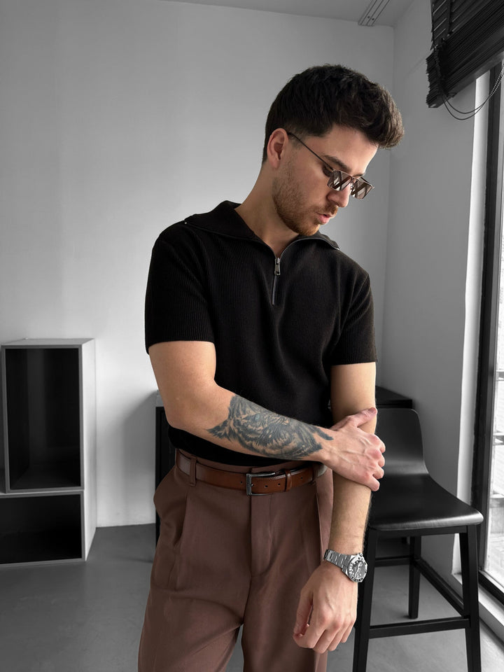 Oversize Zip Neck Knit T-shirt - Mörkbrun
