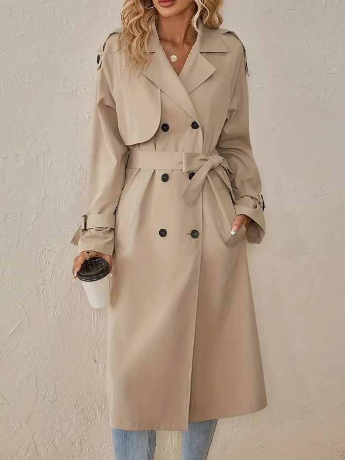 Dam Trenchcoat Lång Dubbelknäppt med Bälte och Krage