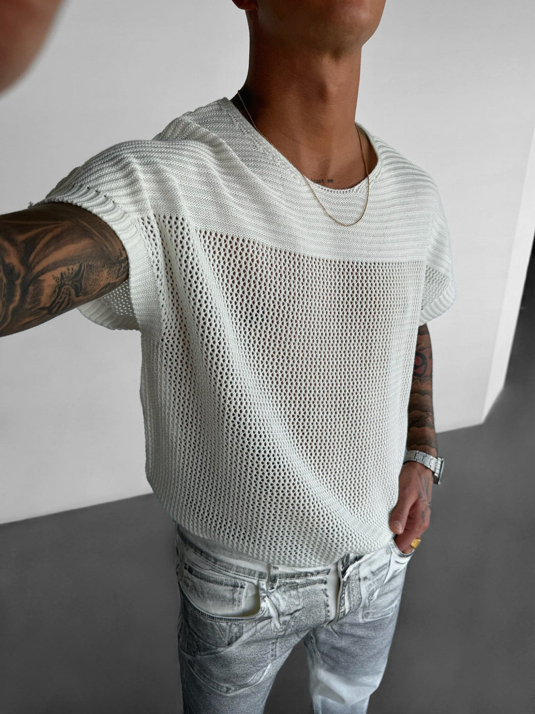 Oversize Texturerad Stickad T-shirt - Ecru