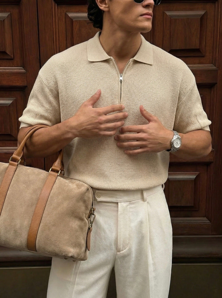 Överdimensionerad Dragkedja Stickad Polo T-shirt - Beige
