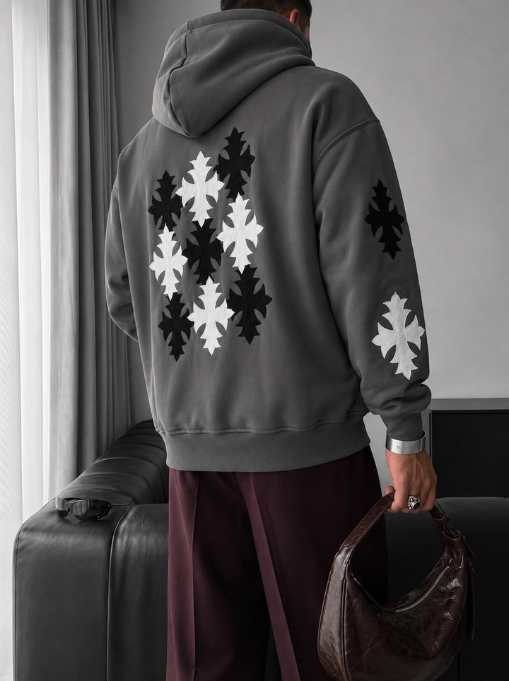 Oversize Gotisk Kors Hoodie - Antracit