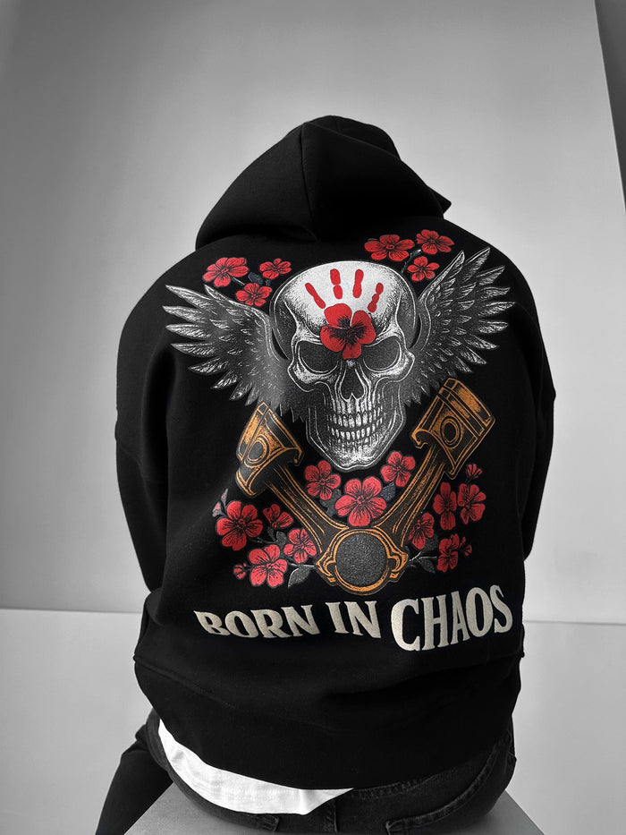 Oversize Skeleton Born in Chaos Hoodie - Svart