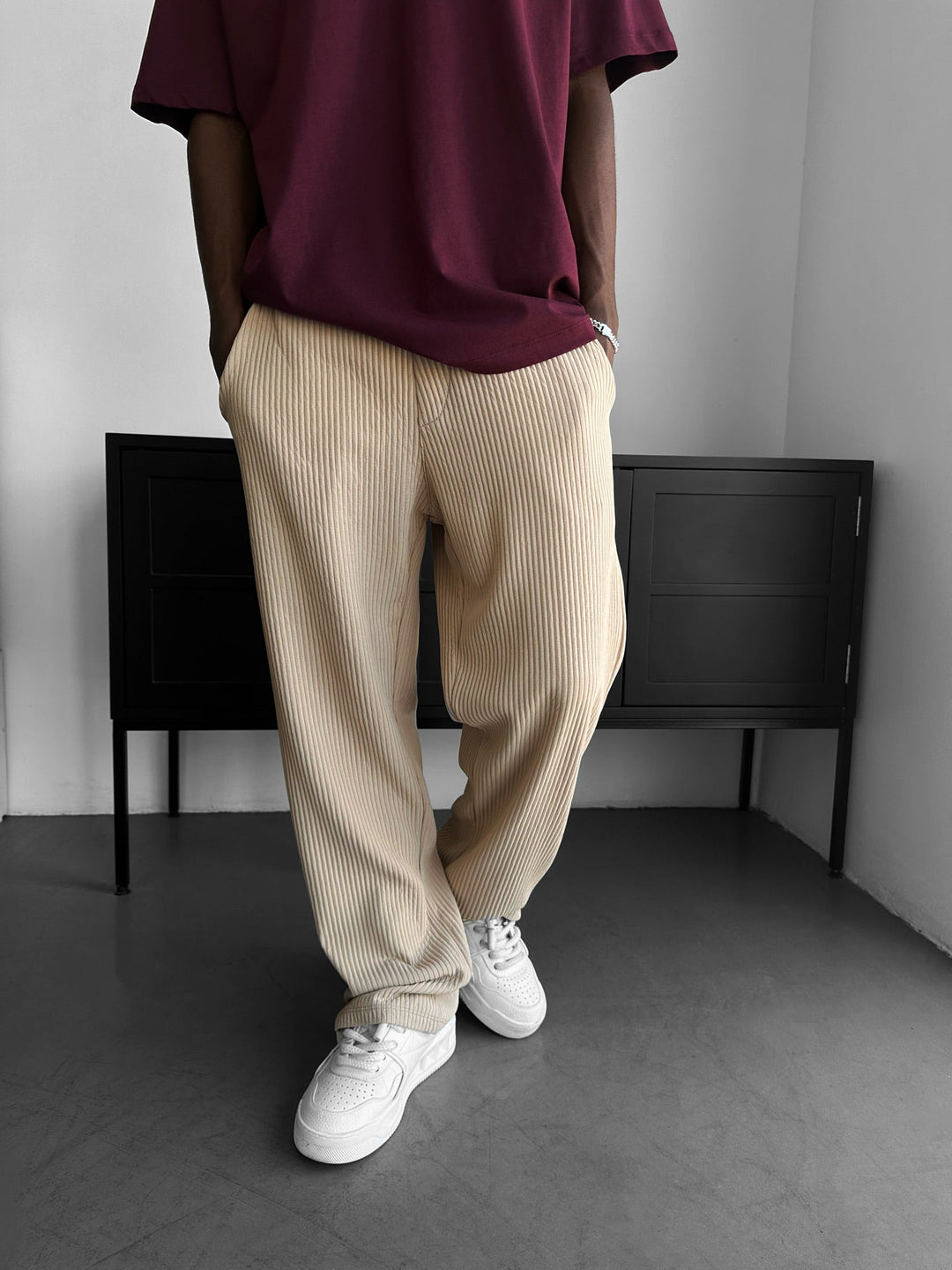 Lösa Ribbstickade Byxor - Beige