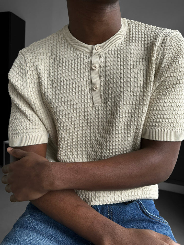 Regular Fit Vaffelknapp T-shirt - Beige