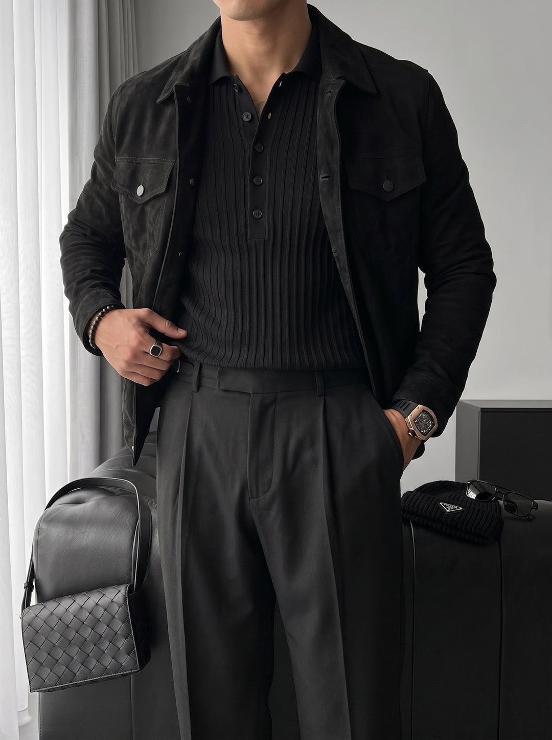 Slim Fit Polo Stickad Tröja - Svart
