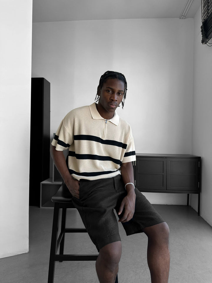 Regelbunden Stickad Zip-T-shirt - Grädde
