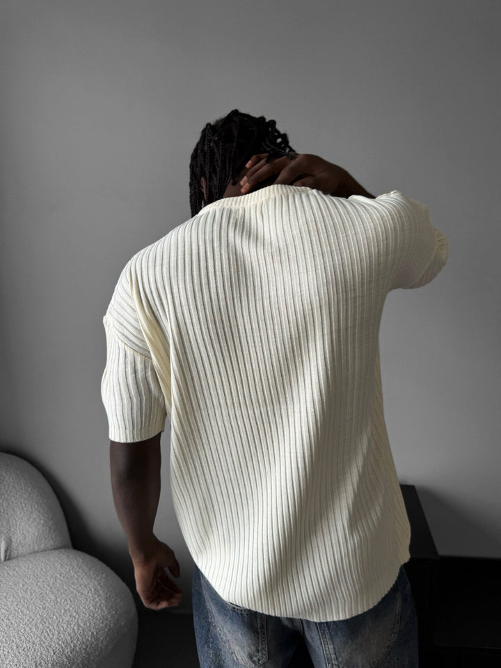 Lös Passform Ribbad Stickad T-Shirt - Cremé