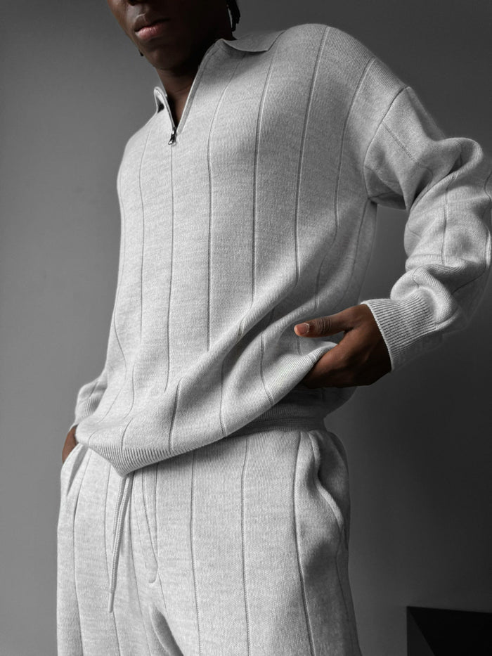 Oversize Lines Stickad Dragkedja Polo Sweatshirt - Ljusgrå
