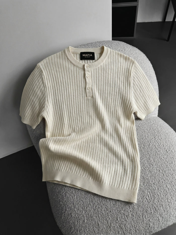 Slim Fit Button Knit T-shirt - Ecru
