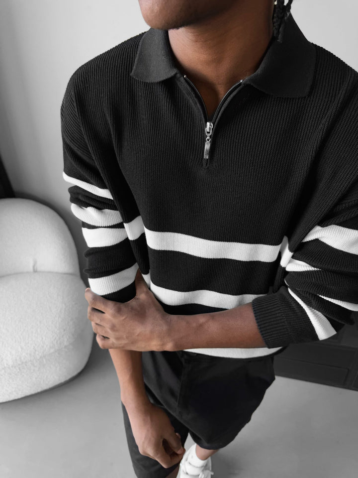Oversize Stickad Crop Polo Tröja - Svart