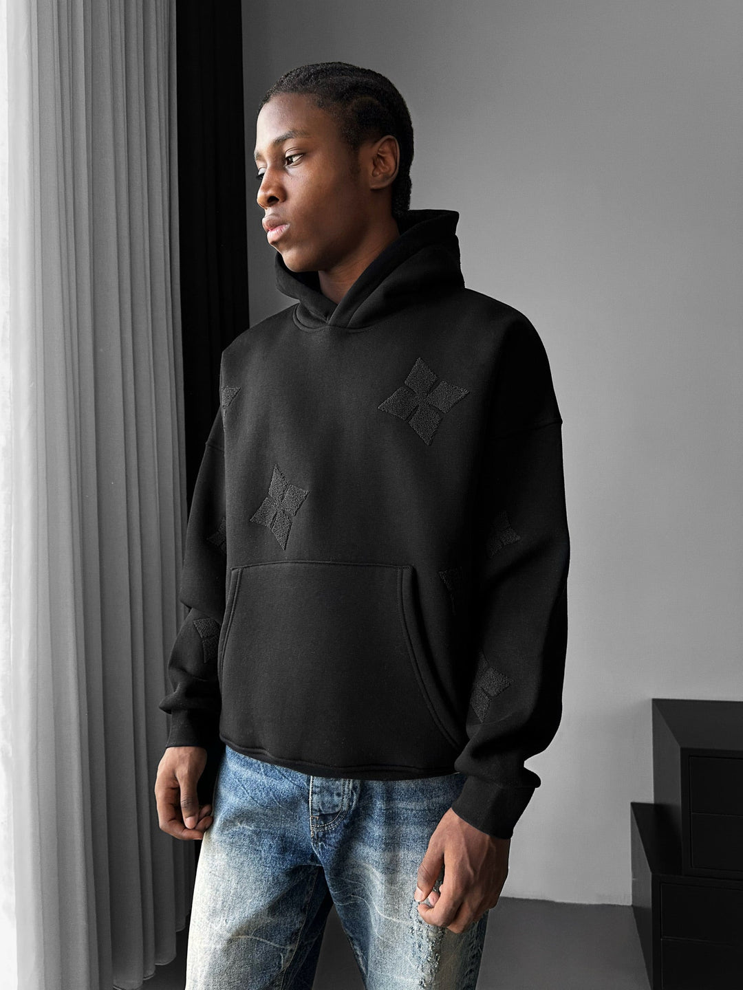 Oversize Detaljerad Hoodie - Svart