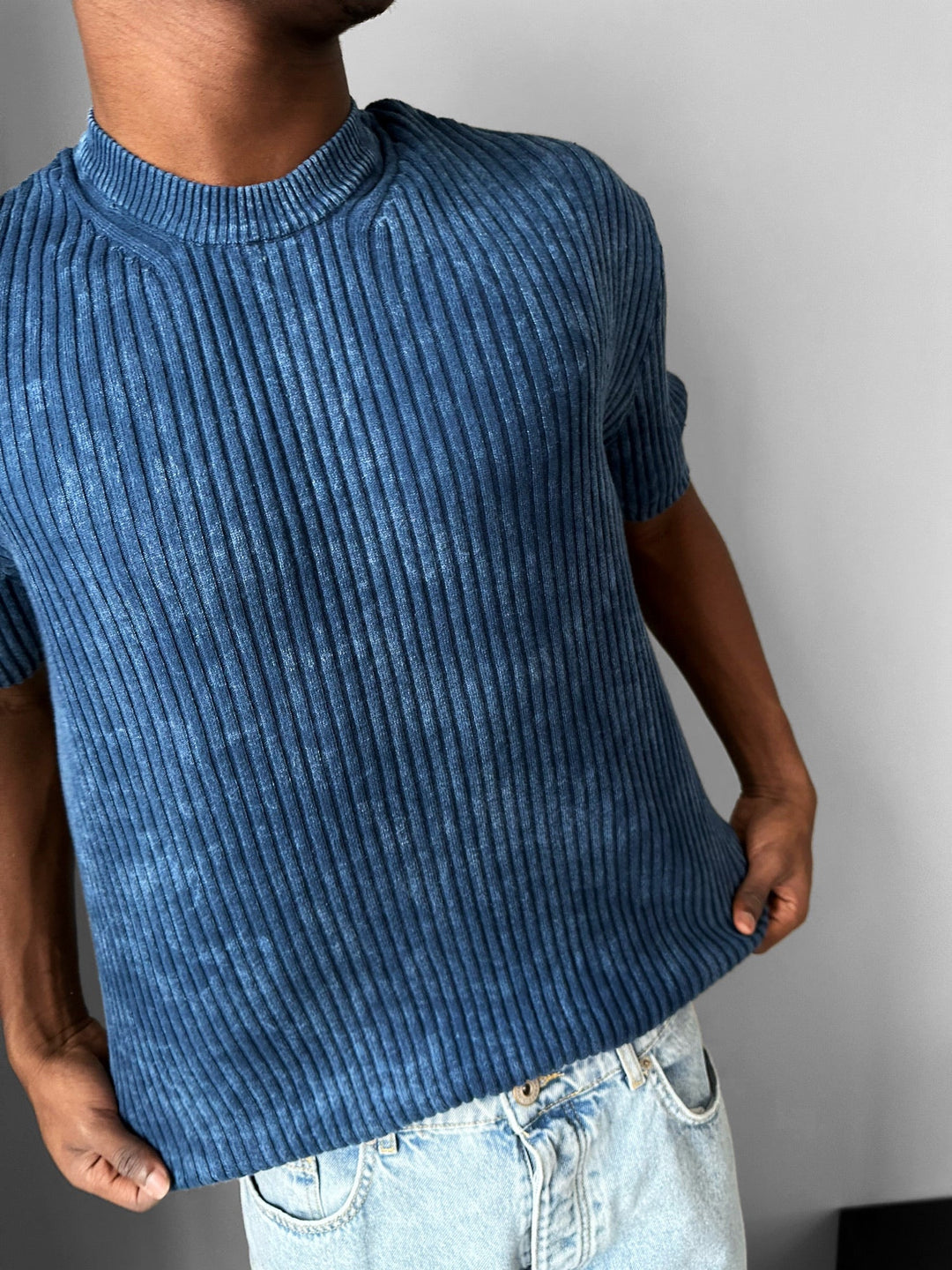 Slim Fit Tvättad Tunn Linjer Stickad T-Shirt - Blå