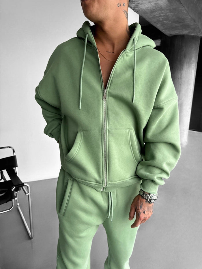 Oversize Basic Dragkedja Hoodie - Mossa