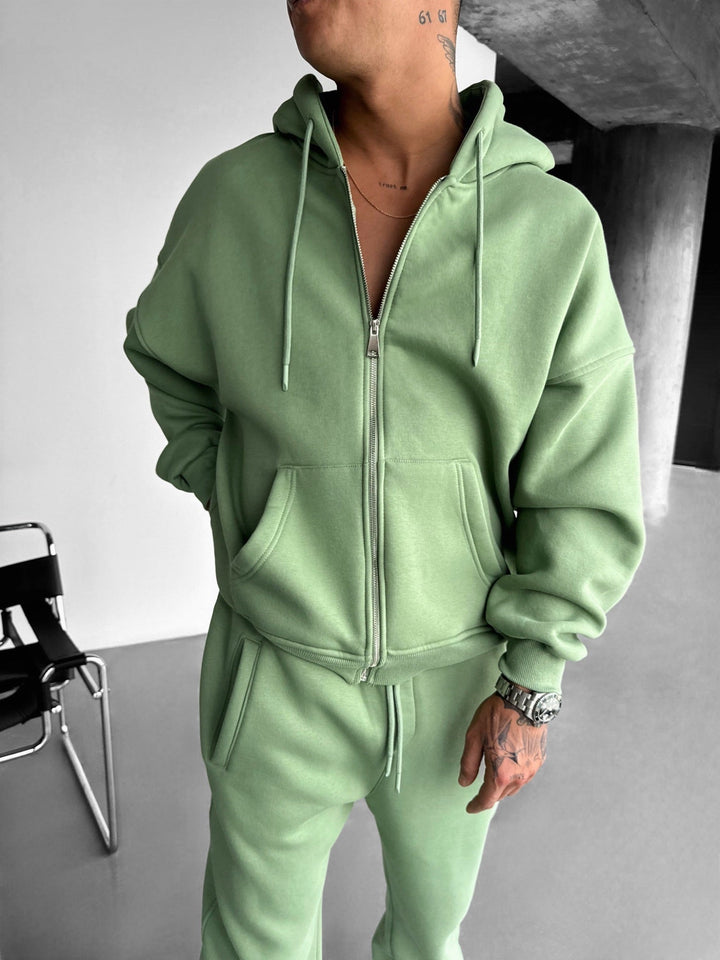 Oversize Basic Dragkedja Hoodie - Mossa