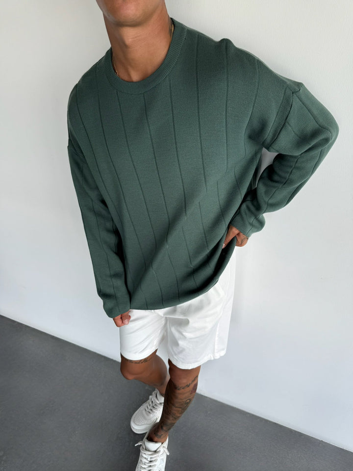 Oversize Lines Stickad Sweatshirt - Petrol