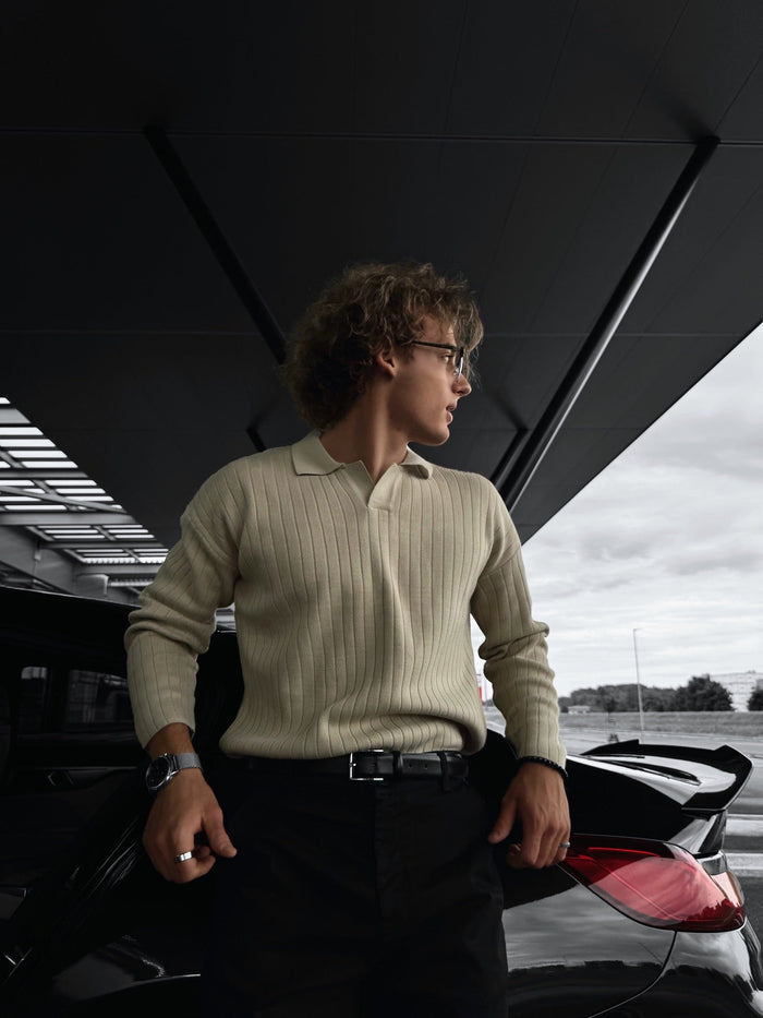 Oversize Bred Ribbad Långärmad Stickad Polo Sweatshirt - Sten