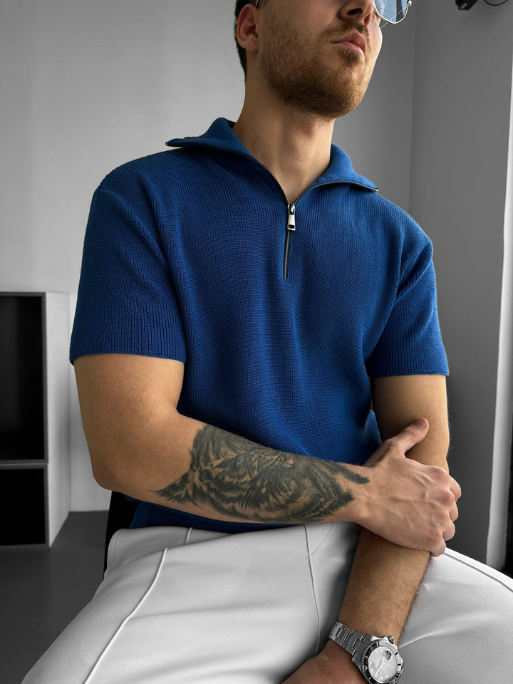 Oversized Zip Neck Stickad T-shirt - Sax