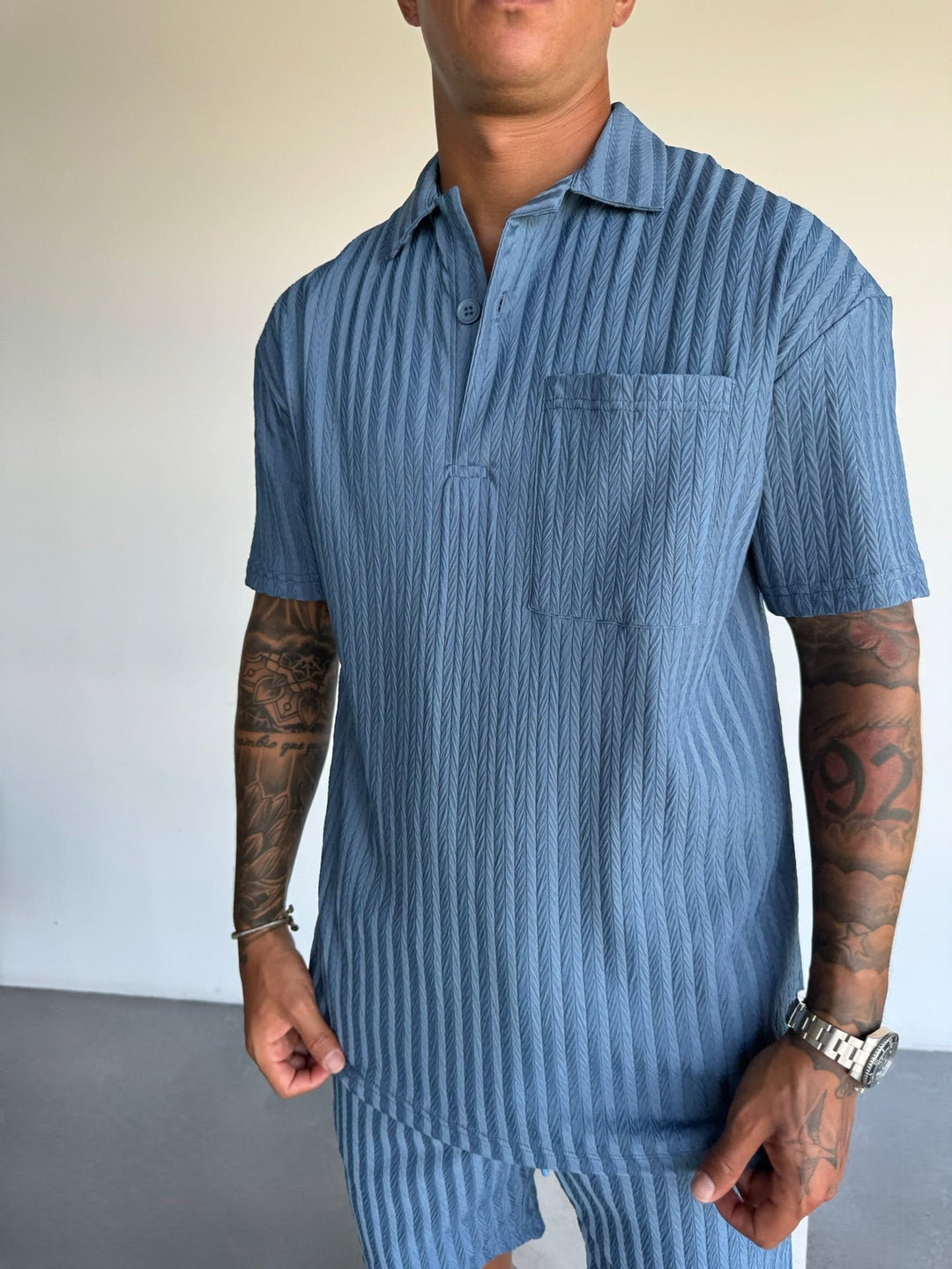 Oversize Strukturerad Polo T-Shirt - Coronet Blå