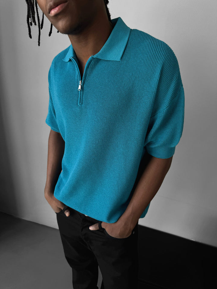 Överdimensionerad dragkedja stickad polo T-shirt - Blå