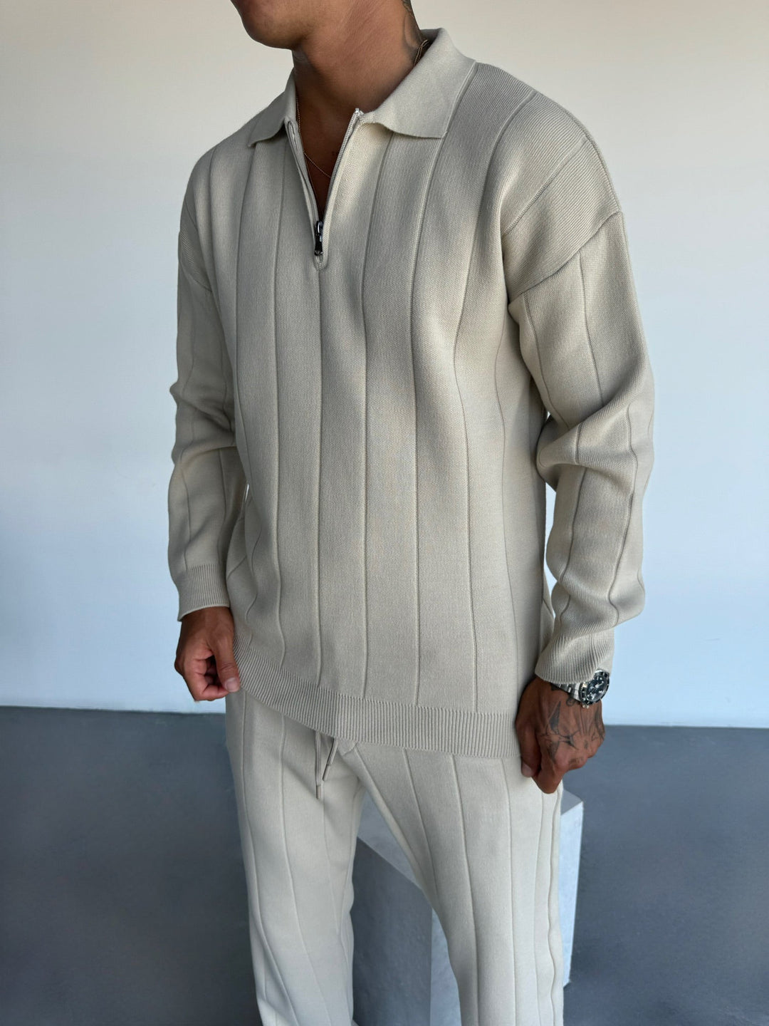 Oversize Lines Knit Zipper Polo Sweatshirt - Sten