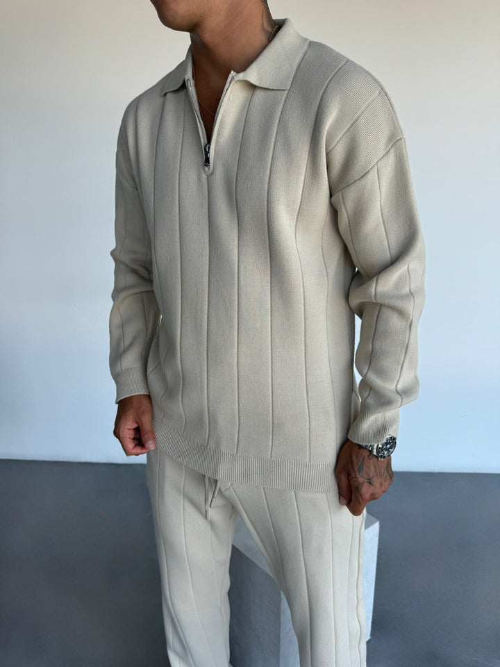 Oversize Lines Knit Zipper Polo Sweatshirt - Sten