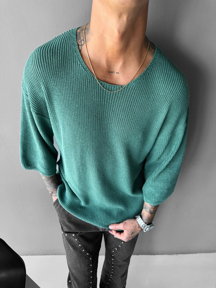 Oversize Lång Stickad T-Shirt - Petrol