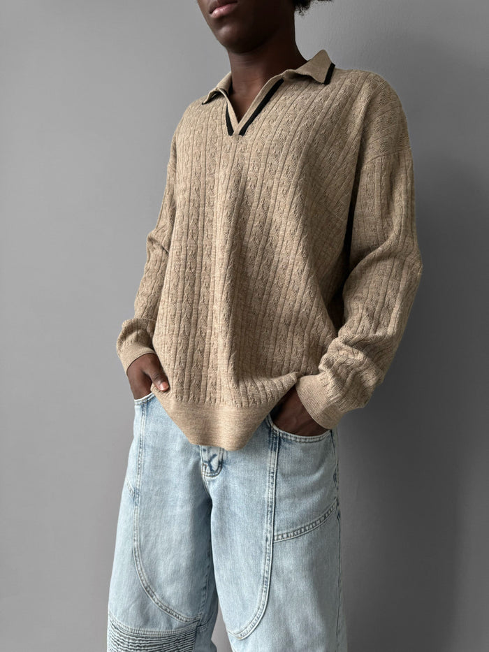 Oversize Strukturerad Polo Sweater - Beige