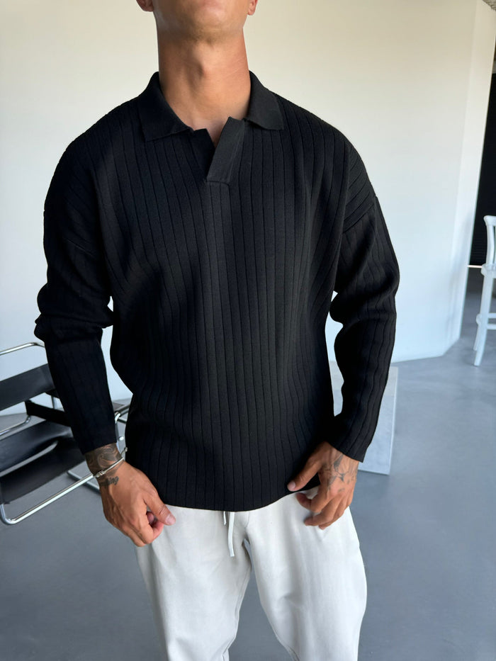 Överdimensionerad Vid Ribbad Långärmad Stickad Polo Sweatshirt - Svart
