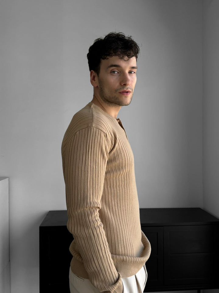 Slim Fit Knappstickad Tröja - Beige