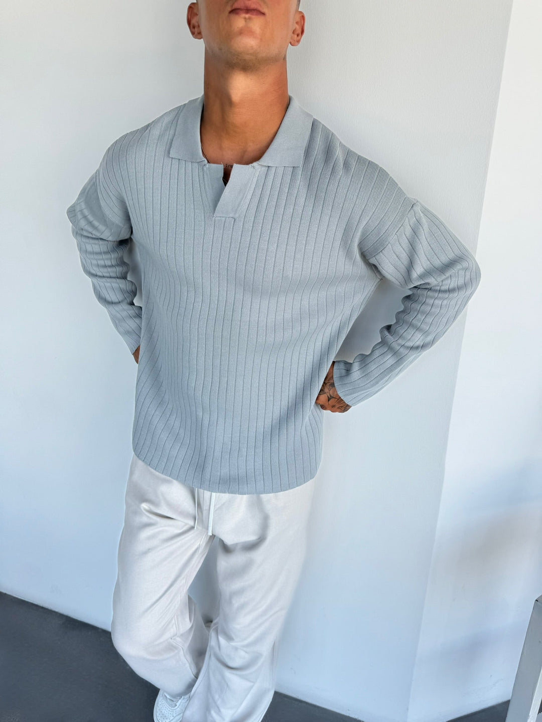 Oversize Vid Ribbad Långärmad Stickad Polo Sweatshirt - Grå