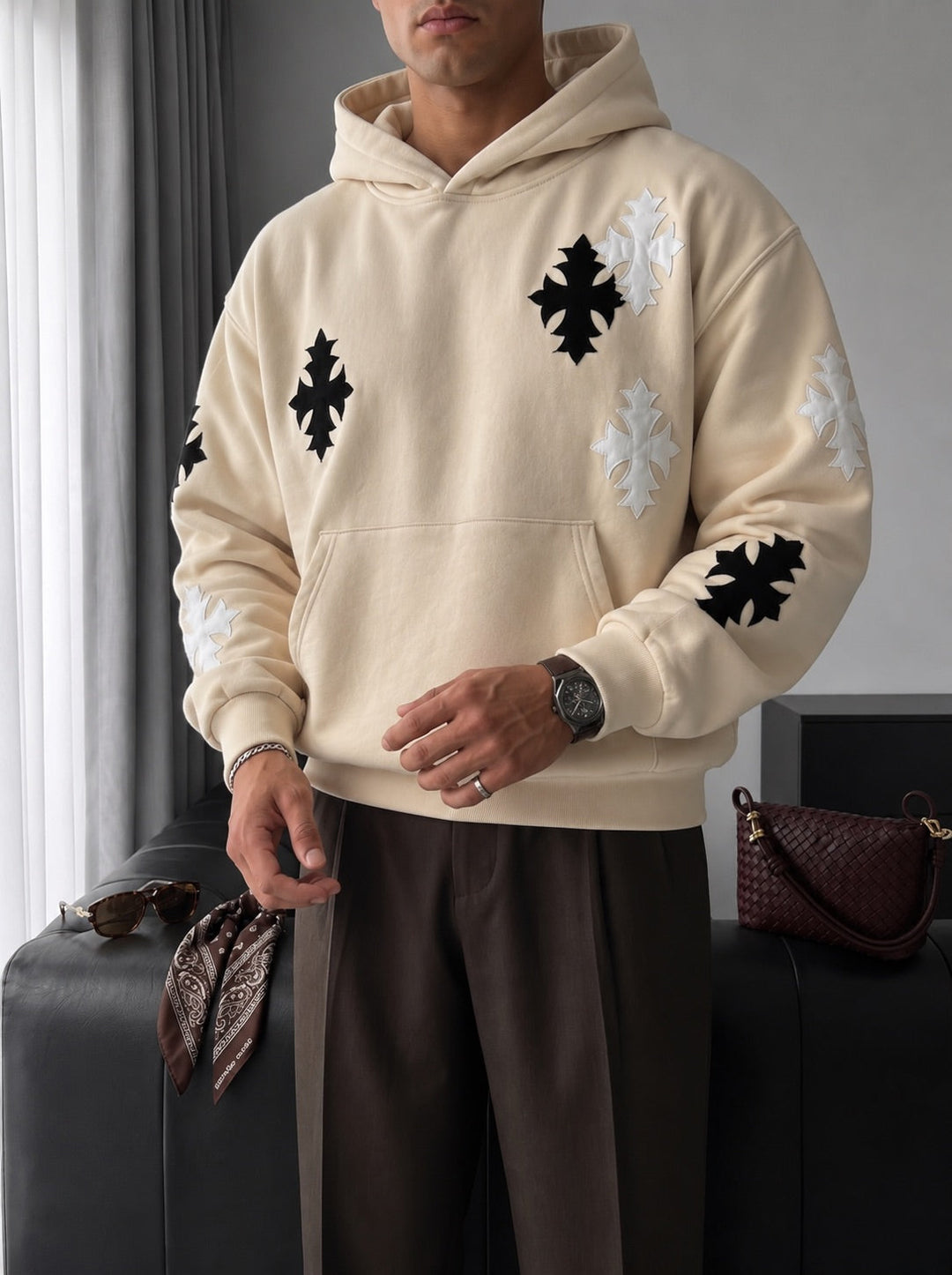 Oversize Gotisk Kors Hoodie - Beige
