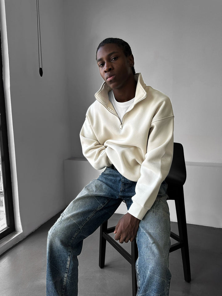 Oversize Halvdraget Polo Sweatshirt - Beige