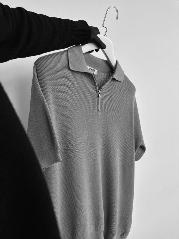 Oversize Dragkedja Stickad Polo T-shirt - Grå