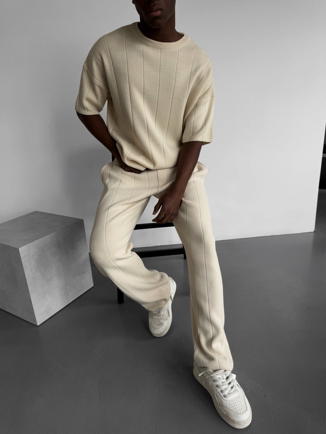 Oversize Line Knit T-Shirt - Cremé