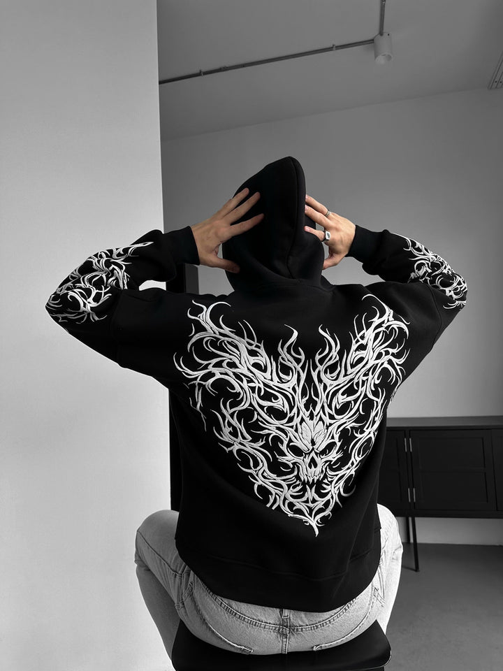 Överdimensionerad Tribal Skull Hoodie - Svart