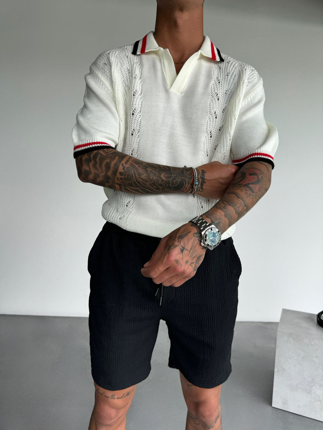 Slim Fit Detaljstickad Polo T-shirt - Ecru