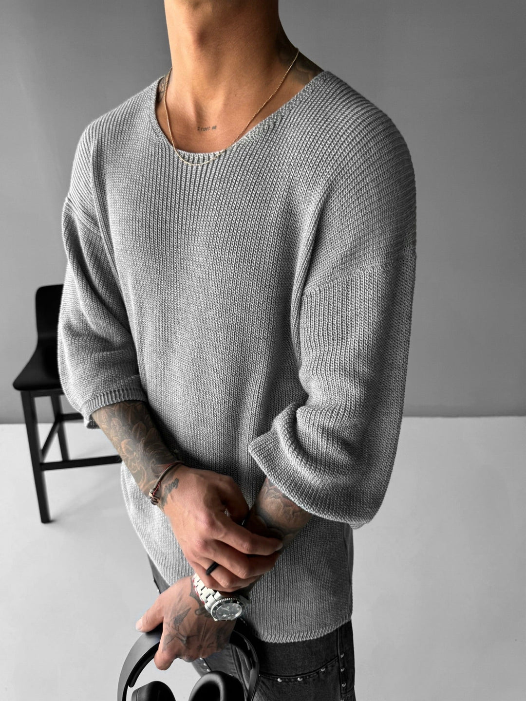 Oversize Lång Stickad T-shirt - Grå