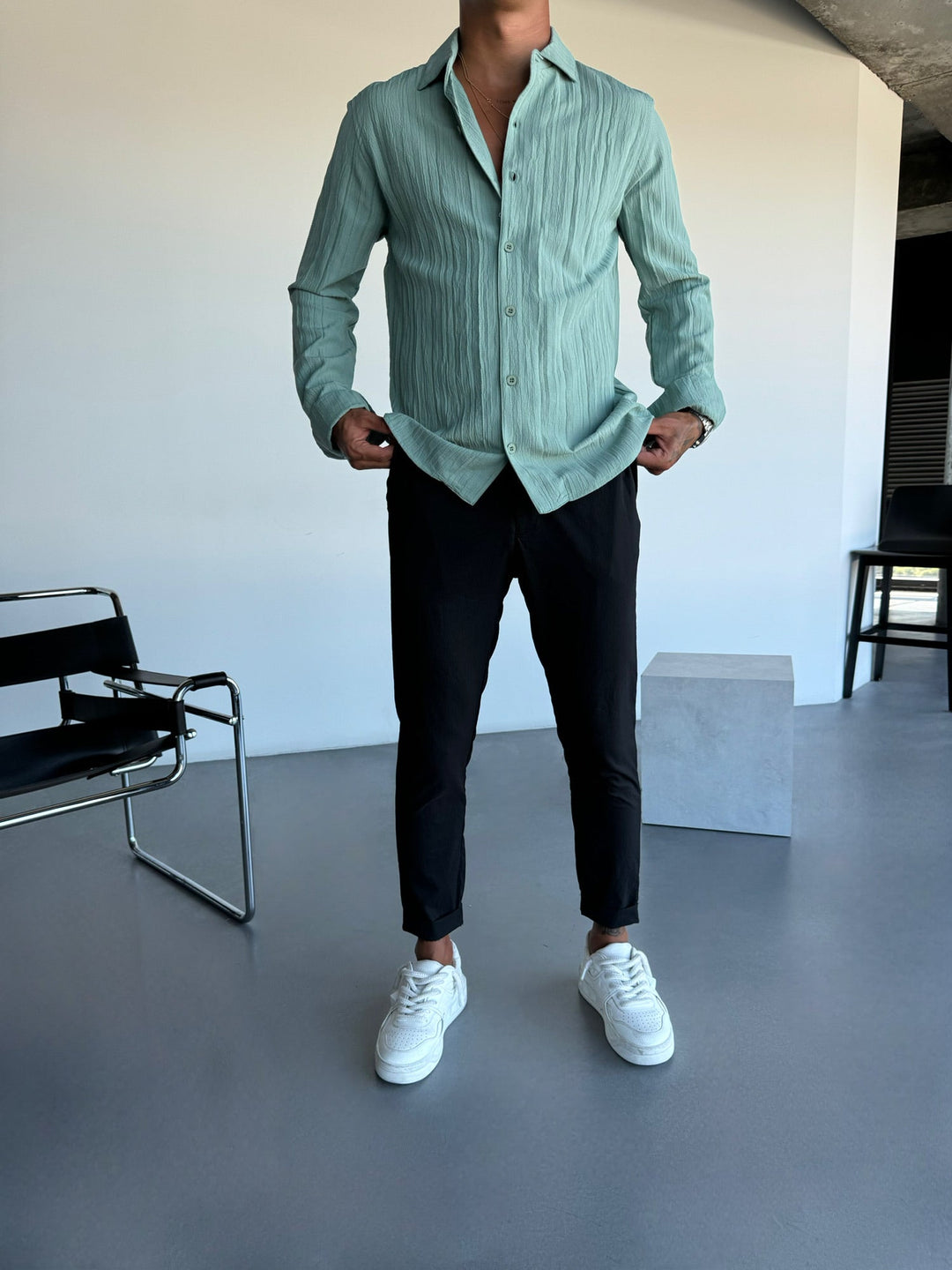 Regular Fit Plisserad Skjorta - Grön