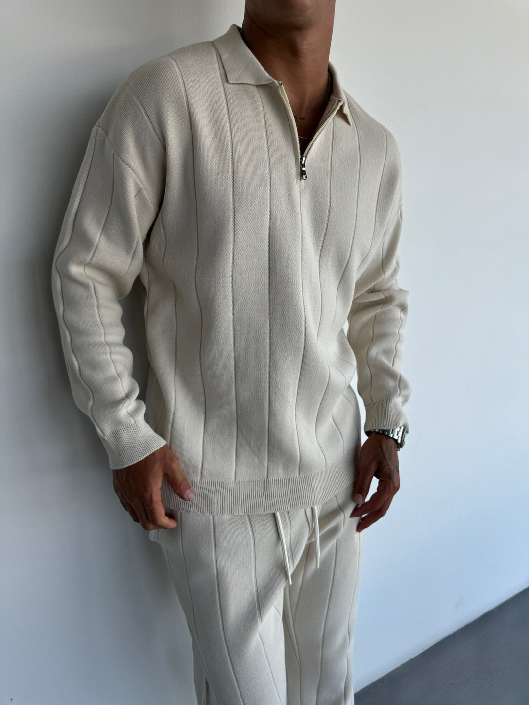 Oversize Lines Knit Zipper Polo Sweatshirt - Sten