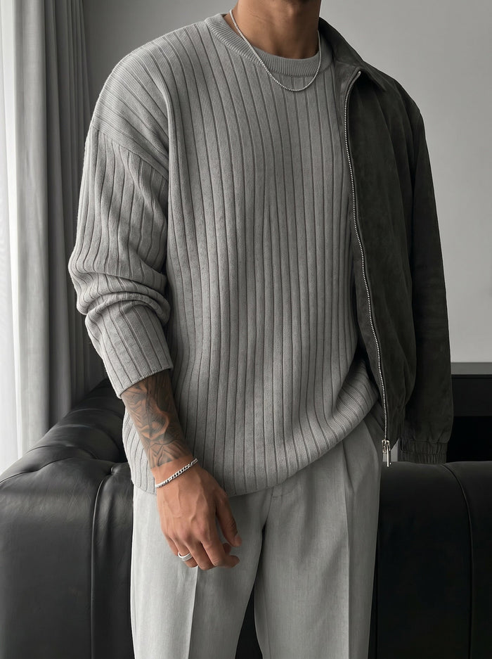 Överdimensionerad Bred Ribbade Långärmad Stickad Sweatshirt - Grå