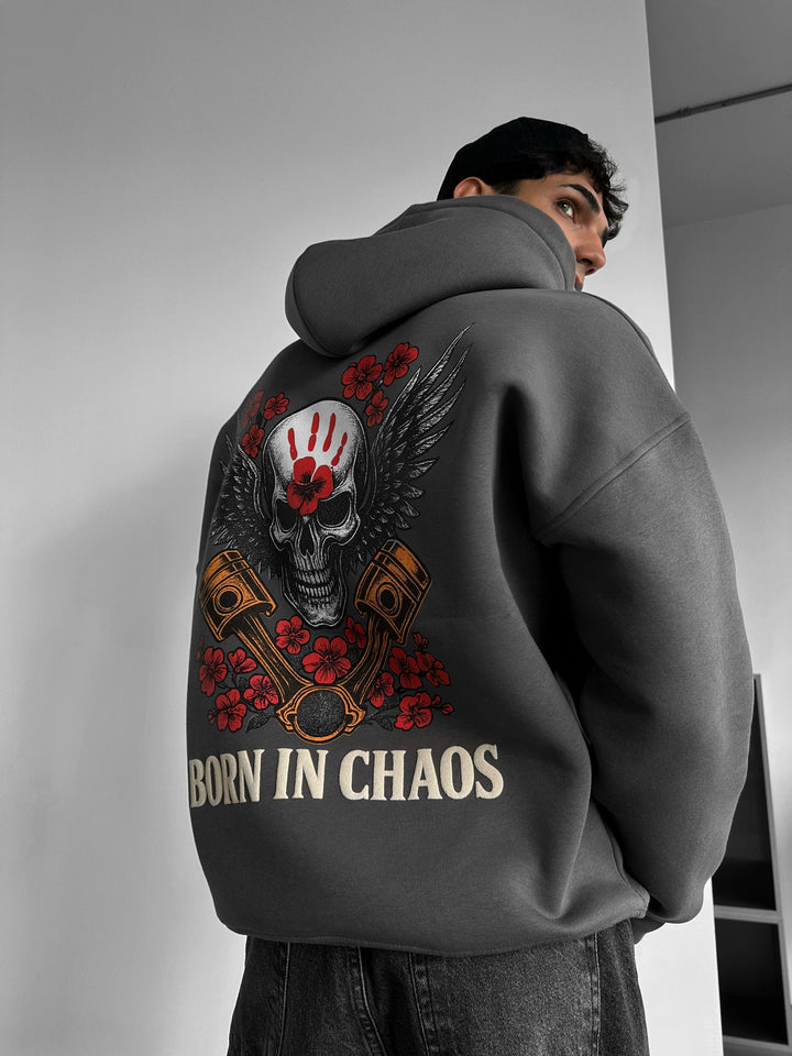 Oversize Skeleton Född i Kaos Hoodie - Antracit