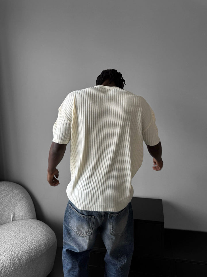 Lös Passform Ribbad Stickad T-Shirt - Cremé