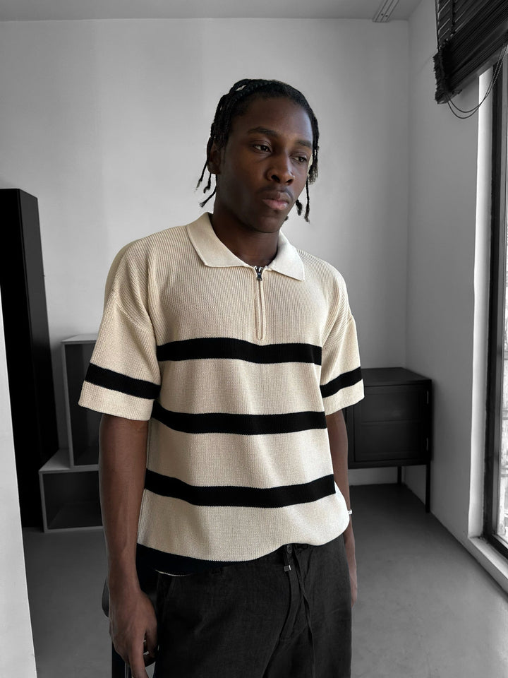 Regelbunden Stickad Zip-T-shirt - Grädde